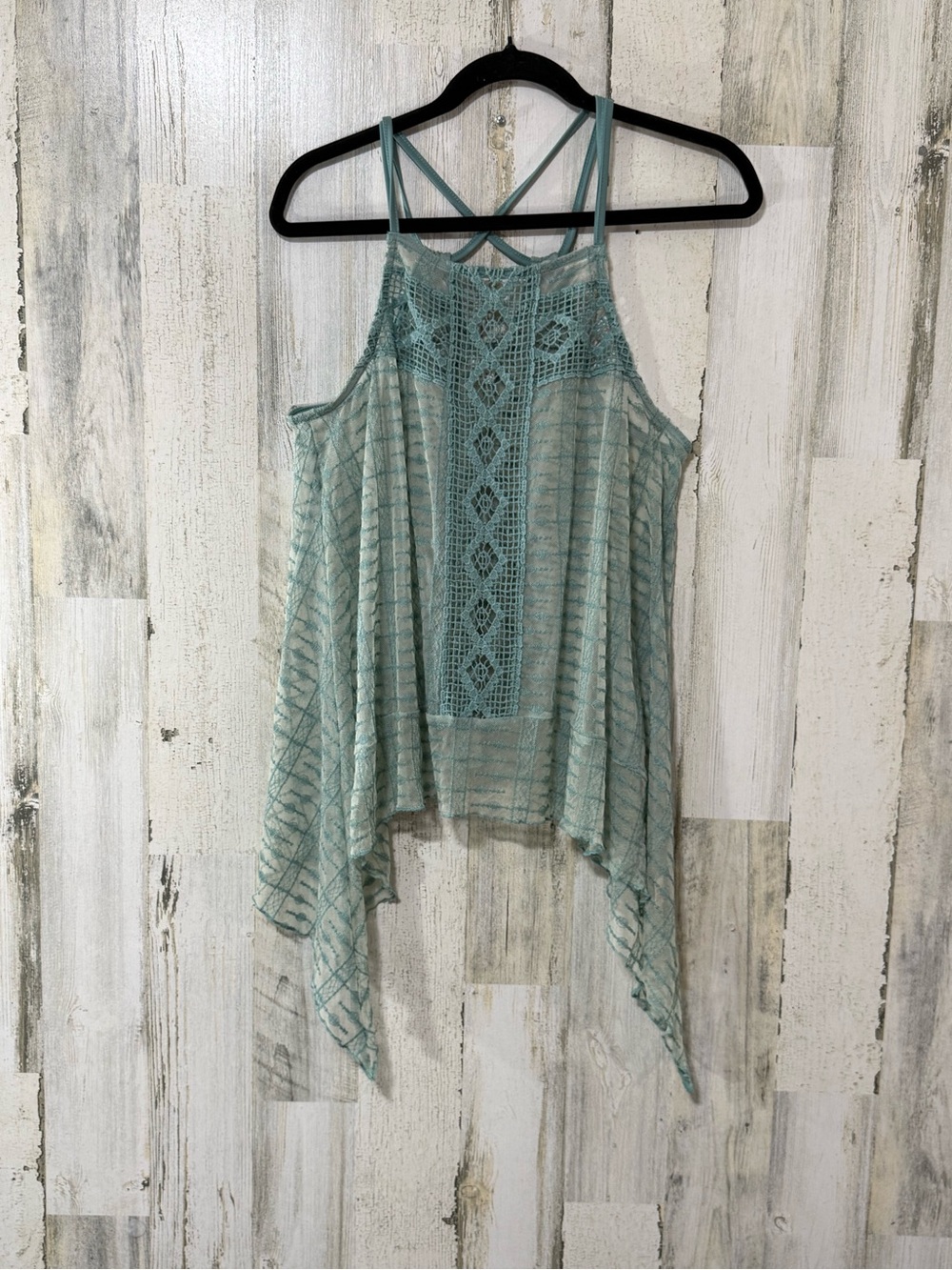 Pinky Light Teal Crochet-Front Handkerchief Hem Camisole